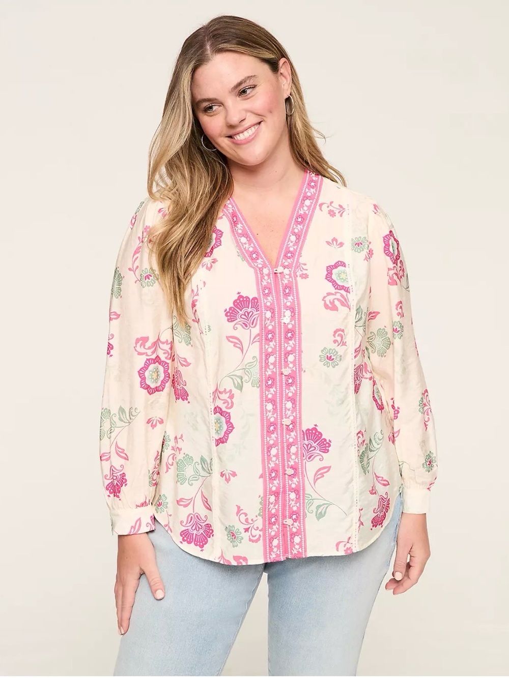 Lane Bryant Cream Blouse with Pink Floral Embroidery